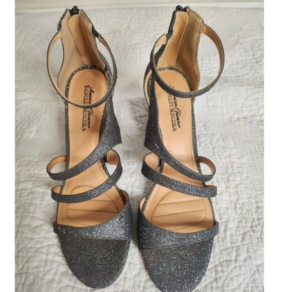 American Glamour Badgley‎ Mischka Silver Sparkle Strappy Heels Size 11 Heel 3" - Picture 1 of 8